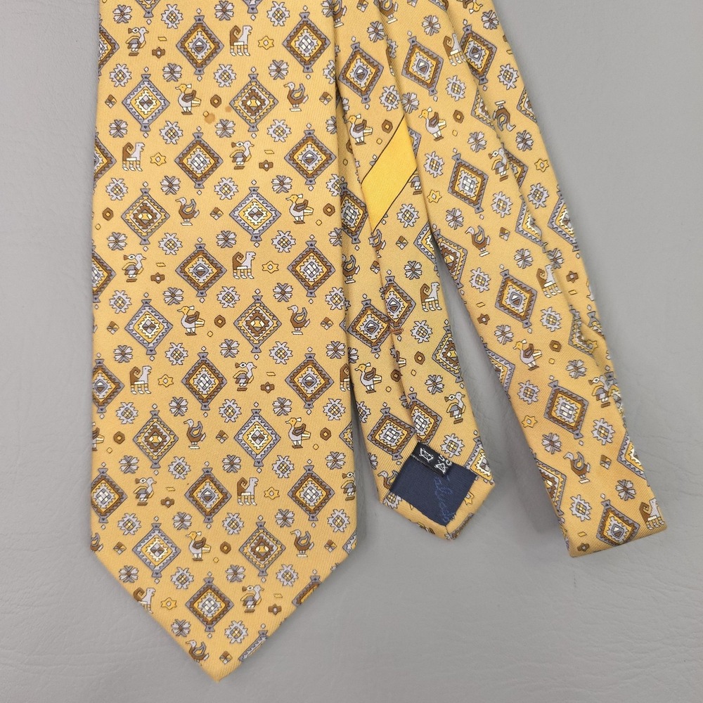 Salvatore Ferragamo Tie Mens Yellow Silk Geometric Animal Print Musei Vaticani